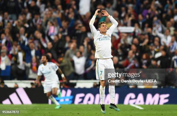 Cristiano Ronaldo of Real Madrid celebrates after his team drew 2-2 against Bayern Muenchen to qualify for the final during the UEFA Champions League...