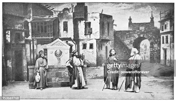 preparing the lord's supper at passion play in oberammergau, germany - 19th century - last supper stock illustrations