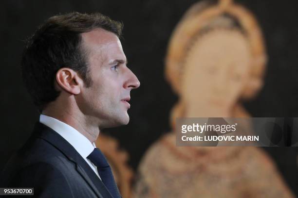 French President Emmanuel Macron delivers a speech during a visit to the Art gallery of New South Wales in Sydney on May 2, 2018. Macron arrived in...