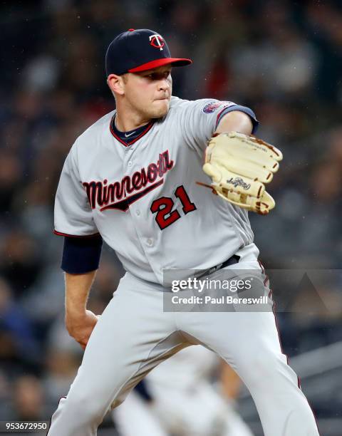 Relief pitcher Tyler Duffey of the Minnesota Twins pitches in an MLB baseball game against the New York Yankees on April 24, 2018 at Yankee Stadium...