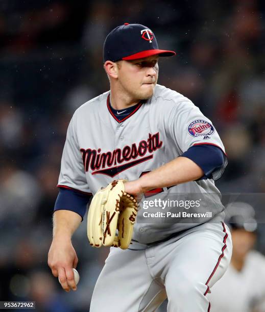 Relief pitcher Tyler Duffey of the Minnesota Twins pitches in an MLB baseball game against the New York Yankees on April 24, 2018 at Yankee Stadium...