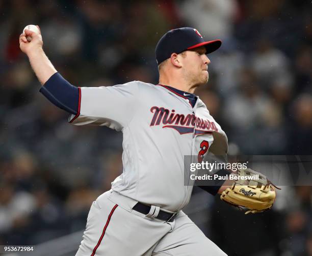 Relief pitcher Tyler Duffey of the Minnesota Twins pitches in an MLB baseball game against the New York Yankees on April 24, 2018 at Yankee Stadium...