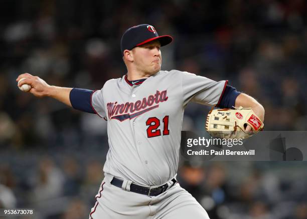 Relief pitcher Tyler Duffey of the Minnesota Twins pitches in an MLB baseball game against the New York Yankees on April 24, 2018 at Yankee Stadium...