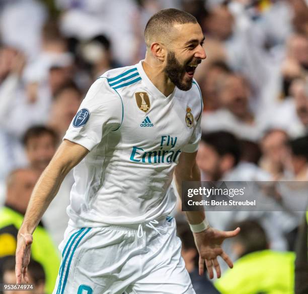 Karim Benzema of Real Madrid celebrates after scoring his team's second goal during the UEFA Champions League Semi Final Second Leg match between...