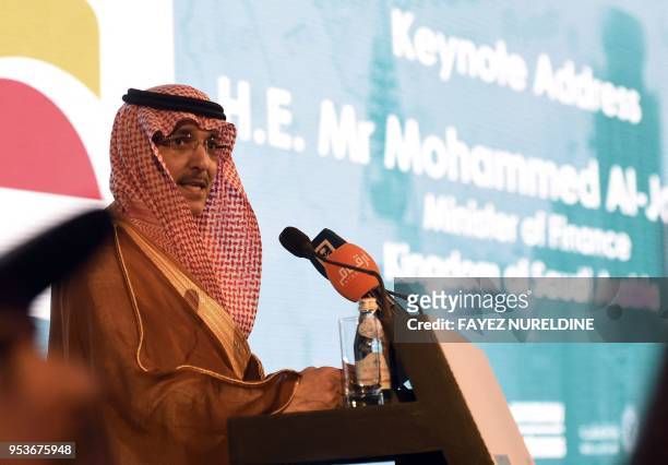 Saudi Minister of Finance Mohammed Al-Jadaan speaks during the Euromoney conference, on May 2, 2018 in Riyadh. - The two-day conference will focus on...