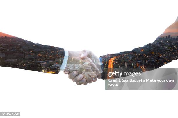 abstract image of smart engineer foreman business man shakehand with partnership on city background. business logistic and communication successful meeting abstract art double exposure concept. - free trade agreement stockfoto's en -beelden