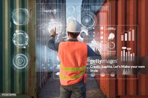 abstract image of smart engineer foreman business man using data hologram to find the best result for transportation. business technology logistic and transportation double exposure concept. - virtual handshake stock pictures, royalty-free photos & images