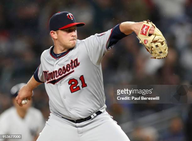 Relief pitcher Tyler Duffey of the Minnesota Twins pitches in an MLB baseball game against the New York Yankees on April 24, 2018 at Yankee Stadium...