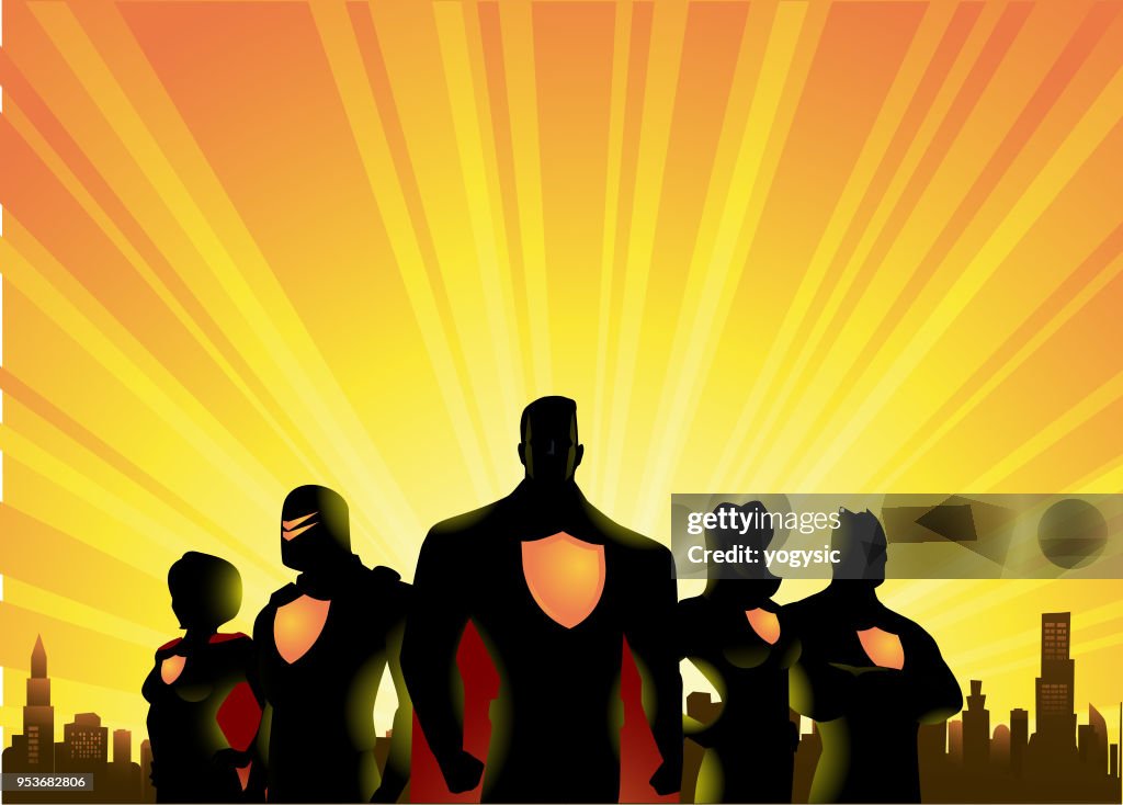 Vector Superheroes Team Silhouette with City and Sunrise Background