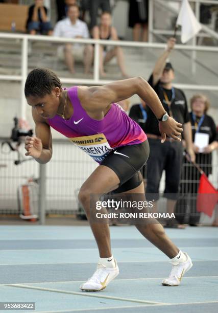 South African athlete Caster Semenya takes the start of the women's 800m race in Lappeenranta, Eastern Finland on July 15, 2010 for her first race...