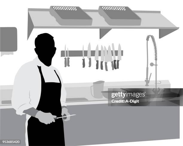 kitchen prep meat cutter - dirty pan stock illustrations