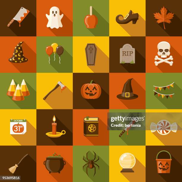 ilustrações, clipart, desenhos animados e ícones de conjunto de ícones de design plano de halloween com sombra do lado - bucket