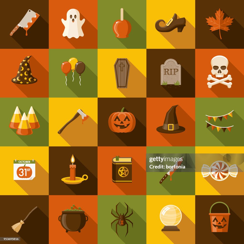 Halloween Flat Design Icon Set with Side Shadow