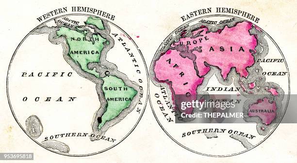 ilustrações de stock, clip art, desenhos animados e ícones de map of the world in hemispheres 1871 - mapa múndi