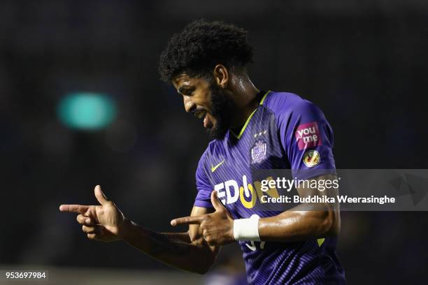 Patric of Sanfrecce Hiroshima celebrates scoring the opening goal during the J.League J1 match between Sanfrecce Hiroshima and Shimizu S-Pulse at...