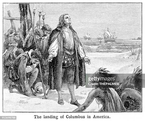 columbus landing in america engraving 1897 - cristobal colon stock illustrations