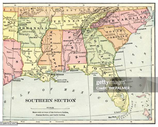 map of usa southern states 1897 - southeast us map stock illustrations