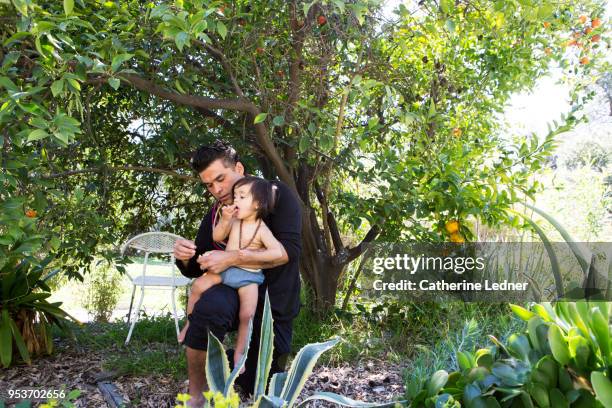 toddler and father under tangerine tree eating tangerines - catherine ledner foto e immagini stock