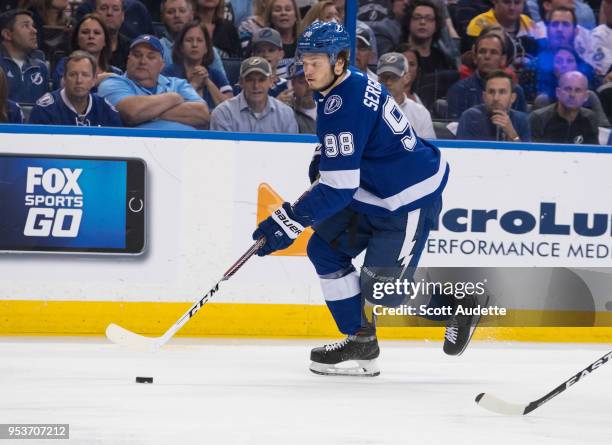 Mikhail Sergachev of the Tampa Bay Lightning against the Boston Bruins during Game Two of the Eastern Conference Second Round during the 2018 NHL...