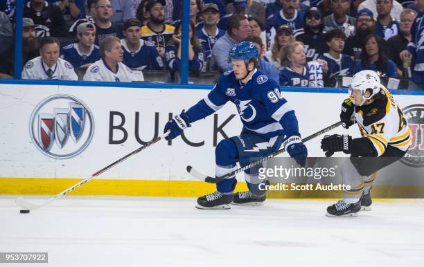 Mikhail Sergachev of the Tampa Bay Lightning against the Boston Bruins during Game Two of the Eastern Conference Second Round during the 2018 NHL...