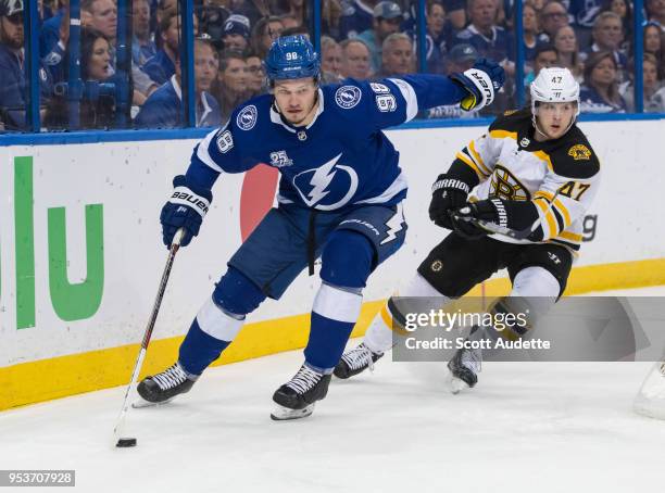 Mikhail Sergachev of the Tampa Bay Lightning against the Boston Bruins during Game Two of the Eastern Conference Second Round during the 2018 NHL...