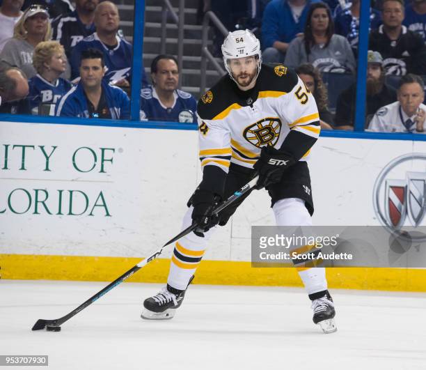 Adam McQuaid of the Boston Bruins against the Tampa Bay Lightning during Game Two of the Eastern Conference Second Round during the 2018 NHL Stanley...