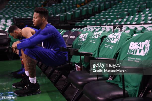 Markelle Fultz of the Philadelphia 76ers before the game against the Boston Celtics in Game One of the Eastern Conference Semifinals of the 2018 NBA...