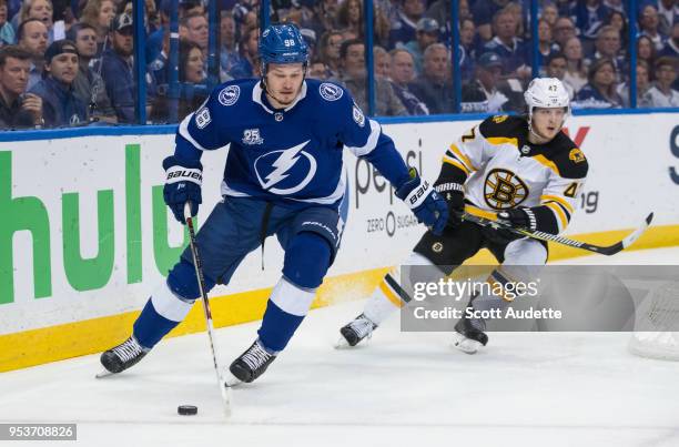 Mikhail Sergachev of the Tampa Bay Lightning against the Boston Bruins during Game Two of the Eastern Conference Second Round during the 2018 NHL...