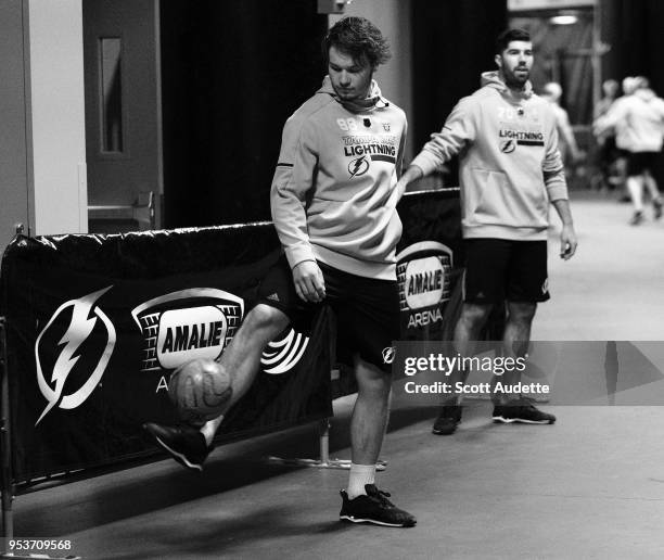 Mikhail Sergachev of the Tampa Bay Lightning gets ready for the game against the Boston Bruins before Game Two of the Eastern Conference Second Round...