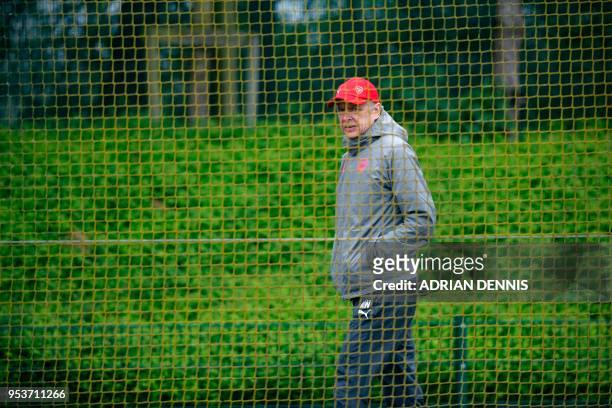 Arsenal's French manager Arsene Wenger arrives for a training session at the club's complex in London Colney on May 2, 2018 on the eve of their UEFA...