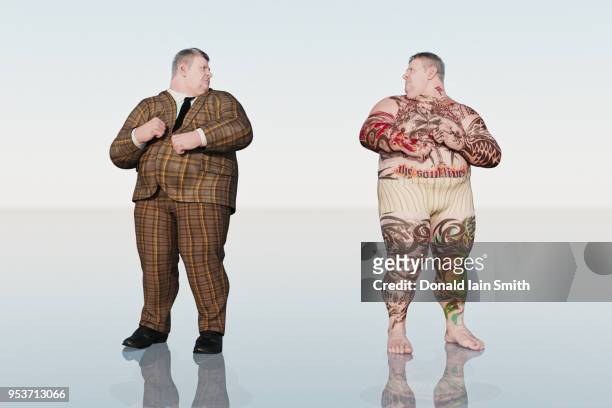 inside outside opposites: fat man with suit and his mirror self with tattooed body - fat twins stock-fotos und bilder