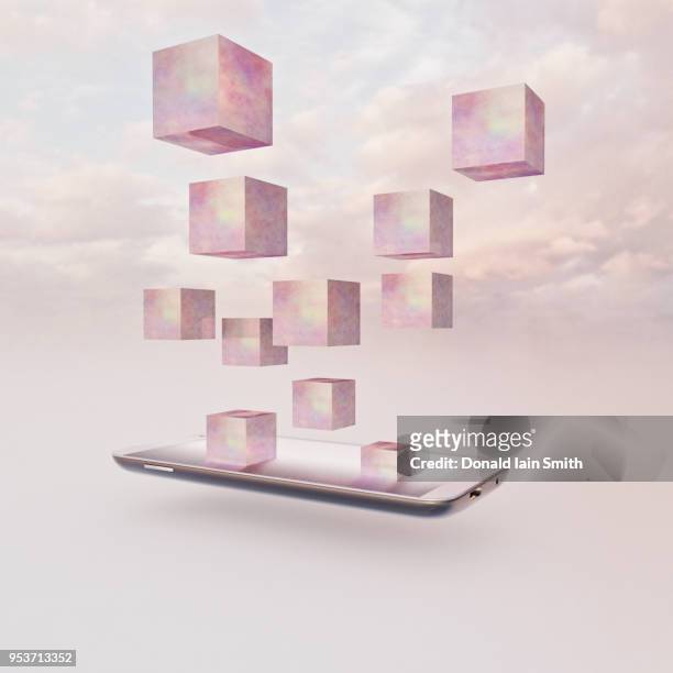 Pink cubes rising out of mobile phone into sky