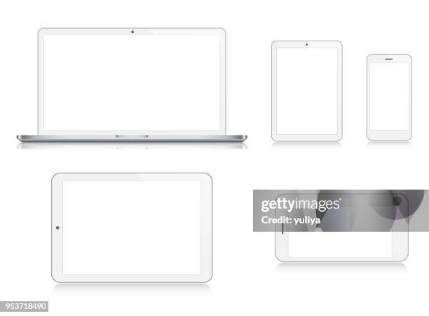 illustrations, cliparts, dessins animés et icônes de ordinateur portable, tablette, smartphone, téléphone portable en couleur argent - ipad white background
