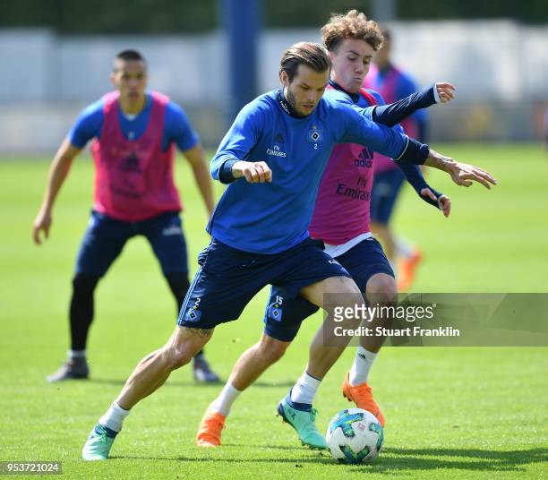 Dennis Diekmeier and Luca Waldschmidt in action during the training session of Hamburger SV at Volksparkstadion on May 2, 2018 in Hamburg, Germany.