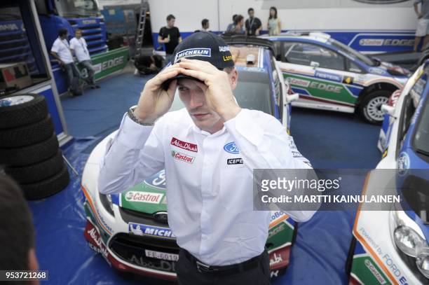 Finnish WRC rally driver Jari-Matti Latvala of the Ford Rally Team attends a Ford press meeting in Jyväskylä, Finland, on July 27 before the WCR...