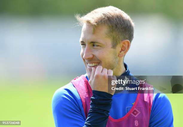 Lewis Holtby of Hamburger SV looks happy during the training session of Hamburger SV at Volksparkstadion on May 2, 2018 in Hamburg, Germany.