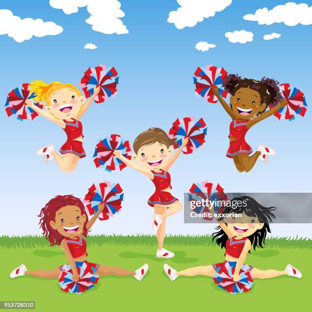 illustrations, cliparts, dessins animés et icônes de groupe multi-ethnique de pom-pom girl - cheerleader