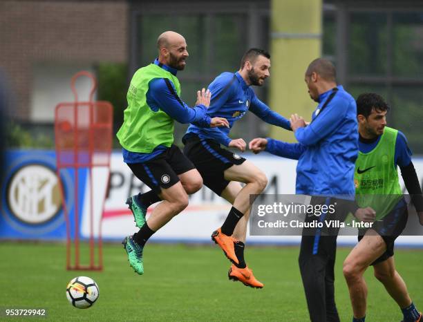 Borja Valero and Marcelo Brozovic of FC Internazionale compete for the ball during the FC Internazionale training session at the club's training...