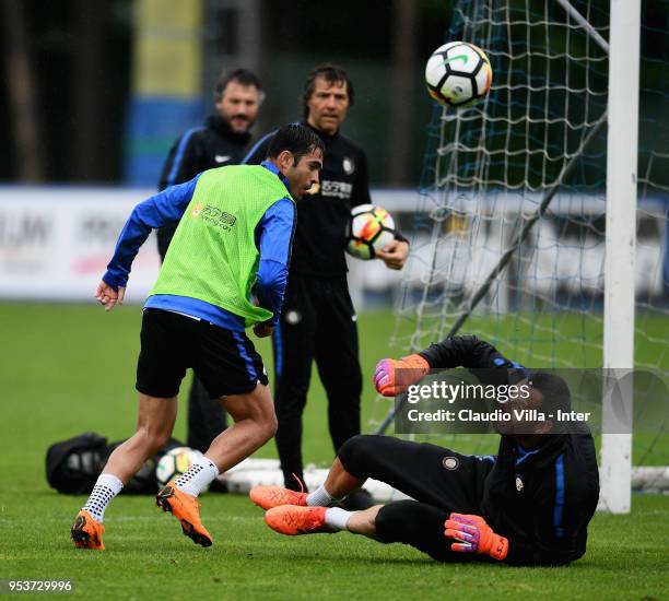 Citadin Martins Eder and Samir Handanovic of FC Internazionale compete for the ball during the FC Internazionale training session at the club's...