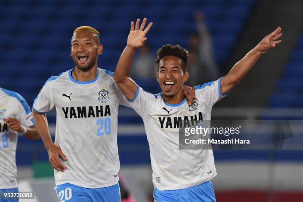 Taishi Taguchi and Kengo Kawamata of Jubilo Iwata celebrate the third goal during the J.League J1 match between Yokohama F.Marinos and Jubilo Iwata...