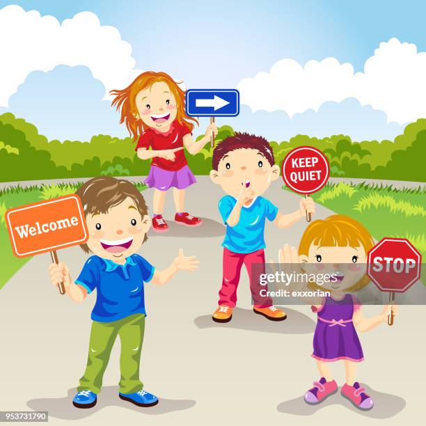 kids holding various placards - entrance sign stock illustrations