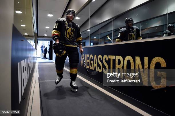 Jonathan Marchessault of the Vegas Golden Knights returns to the locker room after warmups prior to Game Two against the San Jose Sharks in the...