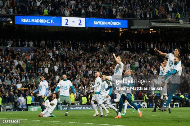 The players of Real Madrid celebrate with the fans after the UEFA Champions League Semi Final Second Leg match between Real Madrid and Bayern...