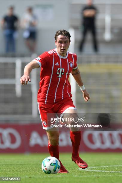 Adrian Fein of Bayern Muenchen plays the ball during the Regionalliga Bayern match between FC Bayern Muenchen II and TSV 1860 Muenchen at Stadion an...
