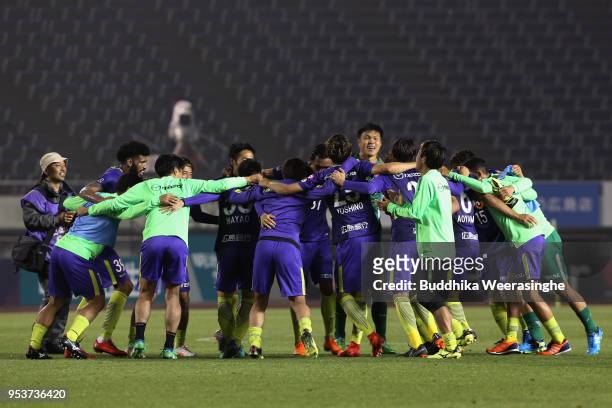 Sanfrecce Hiroshima players celebrate their 2-0 victory in the J.League J1 match between Sanfrecce Hiroshima and Shimizu S-Pulse at Edion Stadium...