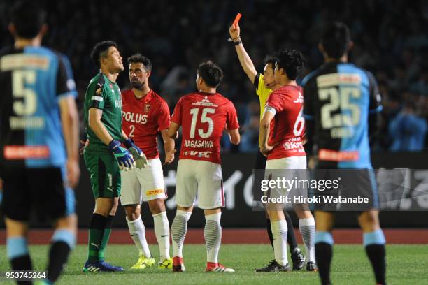 Jung Sung Ryong of Kawasaki Frontale sees a red card during Referee shows a red card to Jung Sung Ryong of Kawasaki Frontale during the J.League J1...