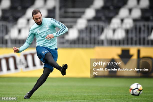 Gonzalo Higuain during the Juventus training session at Juventus Center Vinovo on May 2, 2018 in Vinovo, Italy.