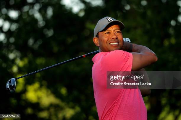 Tiger Woods plays a shot during the Pro-Am for the Wells Fargo Championship at Quail Hollow Club on May 2, 2018 in Charlotte, North Carolina.