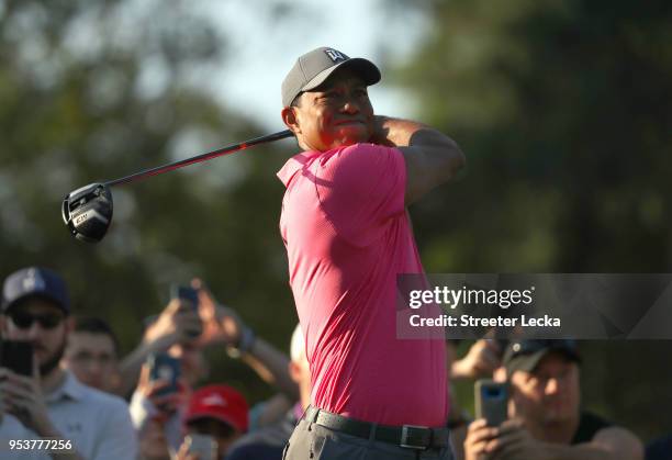 Tiger Woods plays a shot during the Pro-Am for the Wells Fargo Championship at Quail Hollow Club on May 2, 2018 in Charlotte, North Carolina.