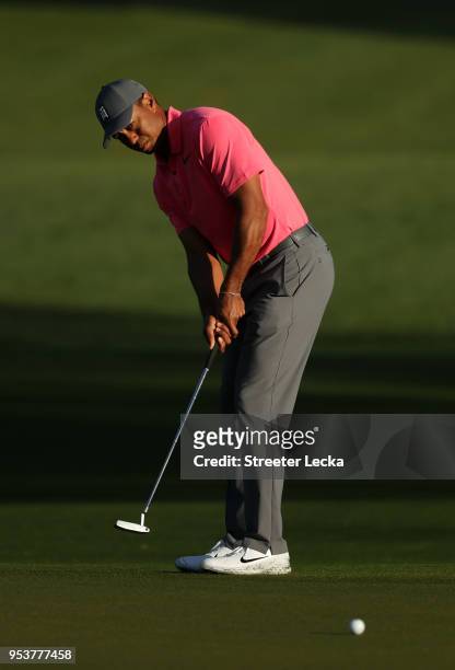 Tiger Woods plays a shot during the Pro-Am for the Wells Fargo Championship at Quail Hollow Club on May 2, 2018 in Charlotte, North Carolina.